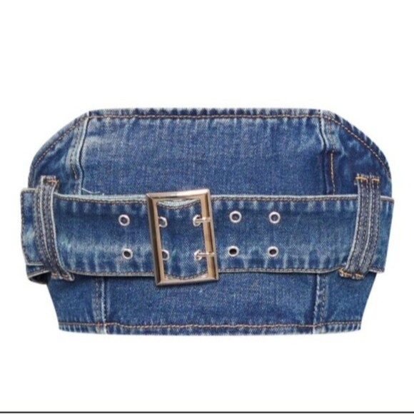 Pretty Little Thing Halter Top Denim Bra Sz 10 Blue Y2k Western Grunge Milkmaid - Picture 2 of 8